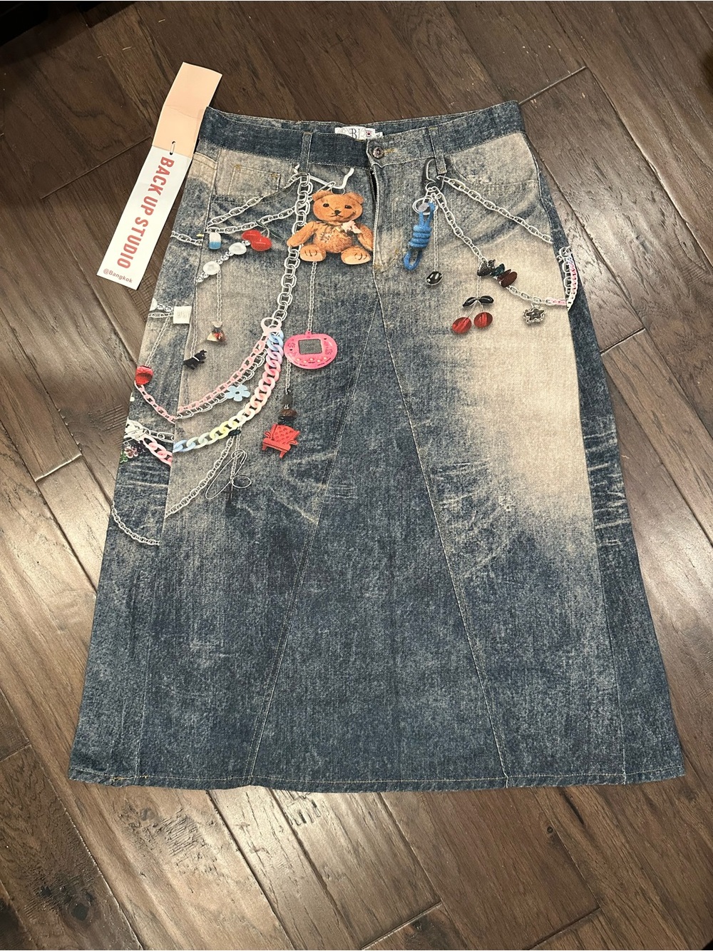 Blue Bleached Denim Long Skirt with Charm Chain Bear Details